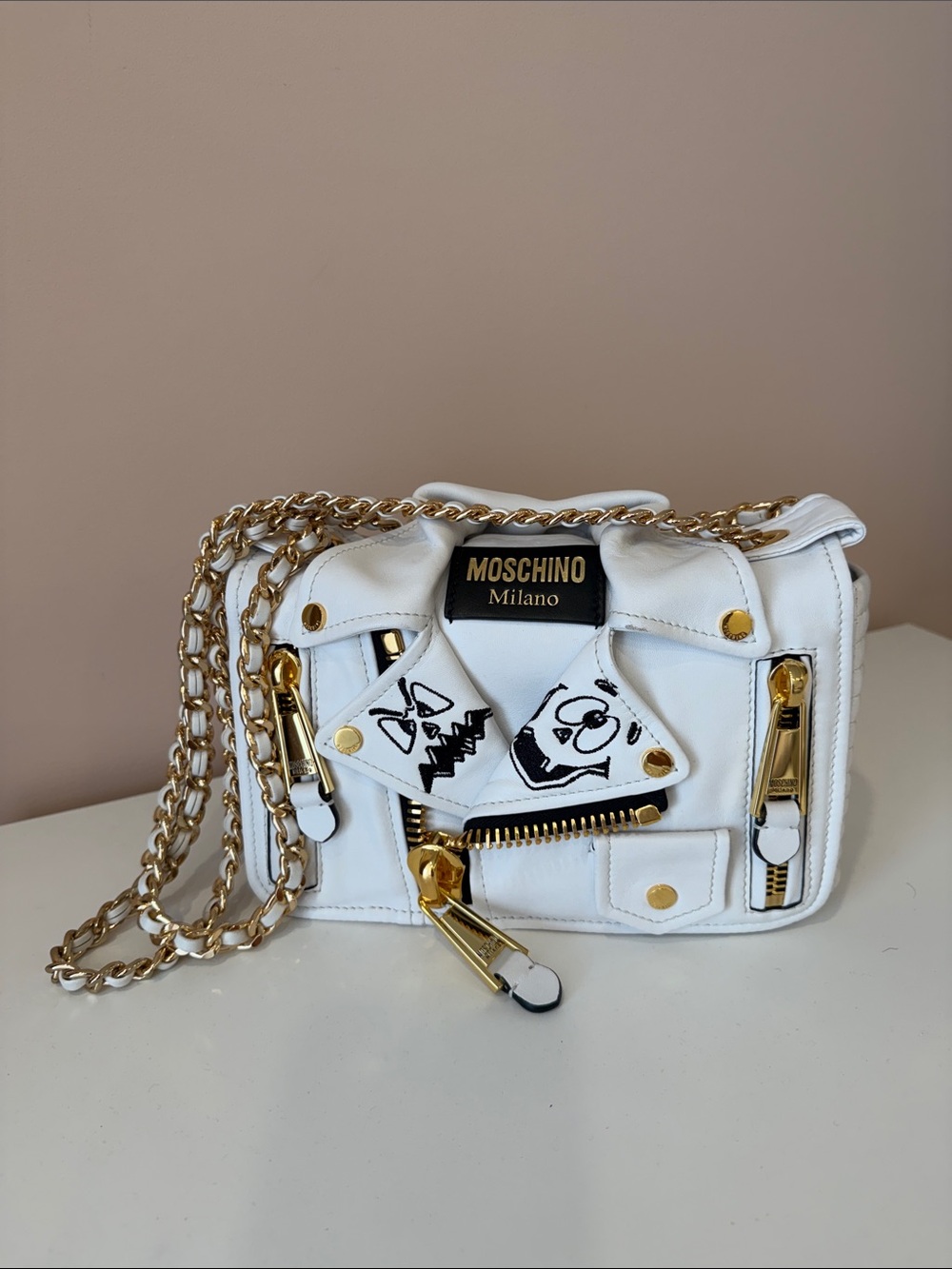 Moschino Biker JacketWhite Leather Crossbody with Gold Chain